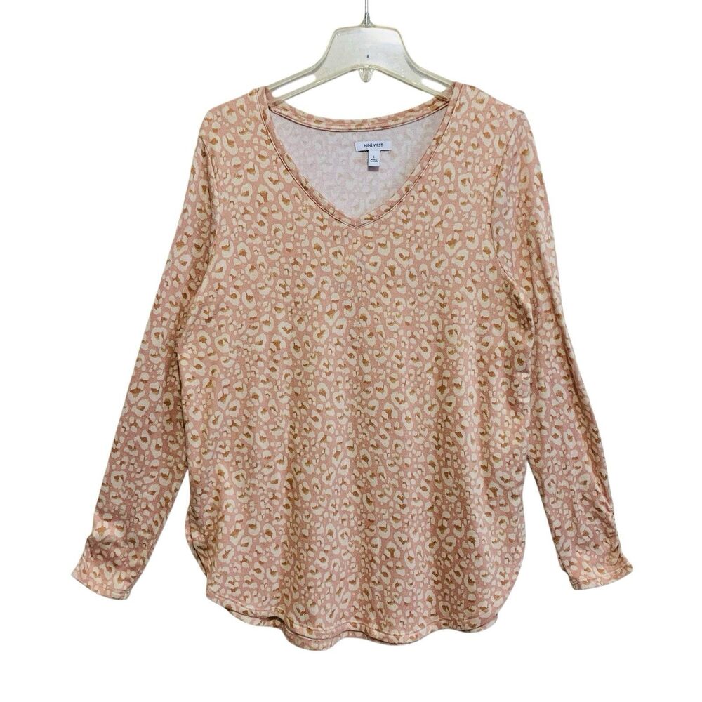 Nine West Sweater Tunic Top Womens Large Leopard Print V-Neck Long Sleeve